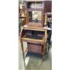 Image 1 : ANTIQUE ROLL TOP LEATHER INSET WRITING DESK WITH BEVELLED GLASS GALLERY