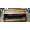Image 2 : ANTIQUE ROLL TOP LEATHER INSET WRITING DESK WITH BEVELLED GLASS GALLERY