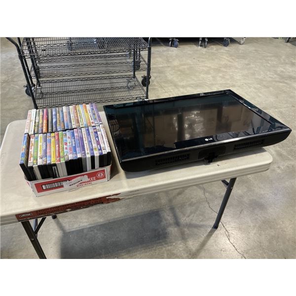LG 32 INCH TV, WORKING AND TRAY OF DVDS