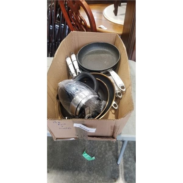 LOT OF THE ROCK AND HENKELS FRYING PANS AND ELECTRIC KETTLE