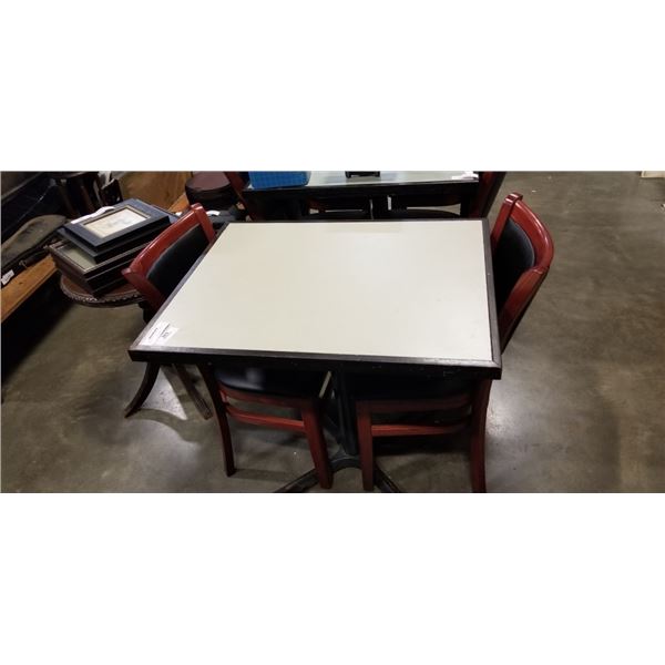 PUB DINING TABLE WITH CAST IRON BASE, AND 2 AS NEW LEATHER SEAT SOLID WOOD DINING CHAIRS, TABLE IS 3