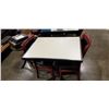 Image 1 : PUB DINING TABLE WITH CAST IRON BASE, AND 2 AS NEW LEATHER SEAT SOLID WOOD DINING CHAIRS, TABLE IS 3