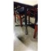 Image 4 : PUB DINING TABLE WITH CAST IRON BASE, AND 2 AS NEW LEATHER SEAT SOLID WOOD DINING CHAIRS, TABLE IS 3