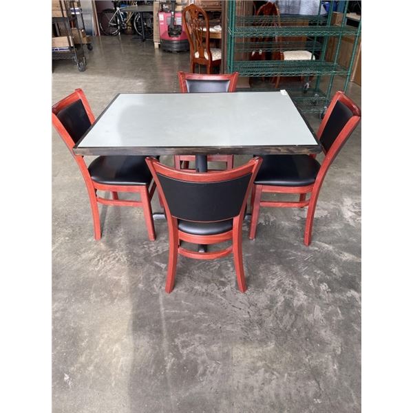 PUB DINING TABLE WITH CAST IRON BASE, AND 4 AS NEW LEATHER SEAT SOLID WOOD DINING CHAIRS, TABLE IS 4