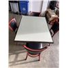 Image 2 : PUB DINING TABLE WITH CAST IRON BASE, AND 4 AS NEW LEATHER SEAT SOLID WOOD DINING CHAIRS, TABLE IS 4