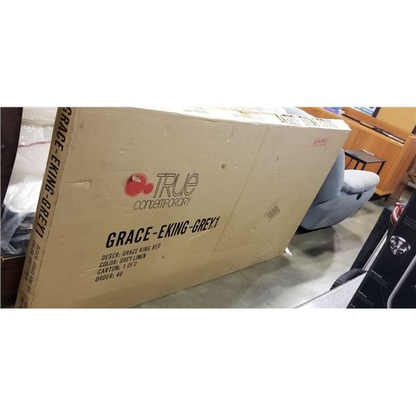 NEW GRACE KING BEDFRAME IN GREY LINEN, HEADBOARD ONLY