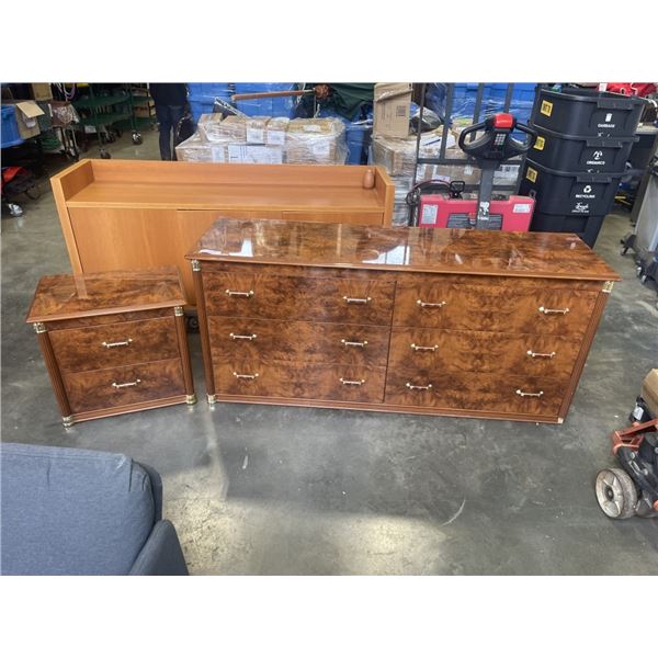 BURLED LACQUERED 6 DRESSER AND NIGHT STAND