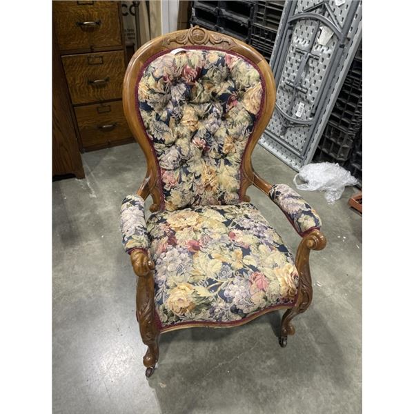 ANTIQUE BALLOON BACK UPHOLSTERED ARMCHAIR