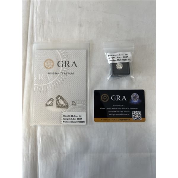 NEW 5.0 CARAT MOISSANITE STONE, ROUND BRILLIANT CUT, GH-VVS1, GRA REPORT, TESTS POSITIVE W/ DIAMOND 