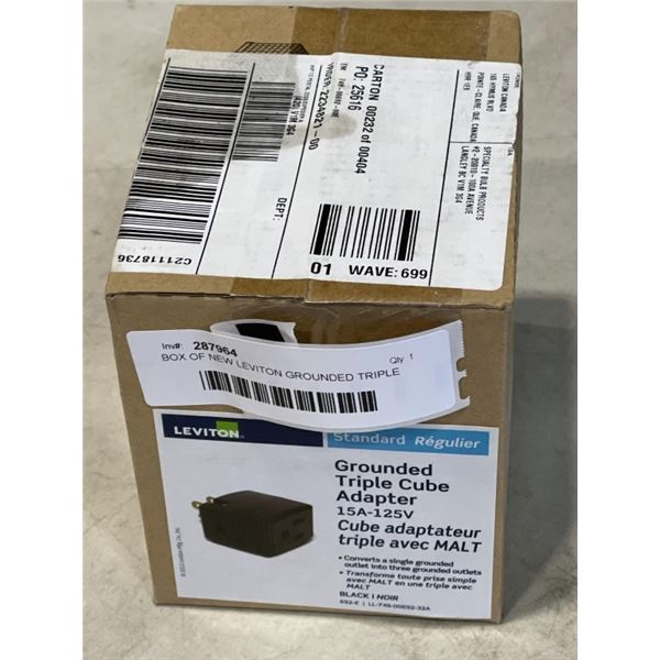 BOX OF NEW LEVITON GROUNDED TRIPLE CUBE ADAPTERS