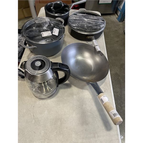 LOT OF NINJA FRYING PANS WITH WOK AND ELECTRIC KETTLE