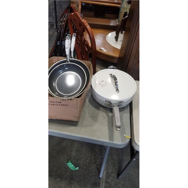 LOT OF TRAMONTINA FRYING PANS AND ELECTRIC KETTLE