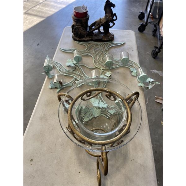 2 MATEL AND GLASS CANDLE STANDS AND HORSE POT STAND