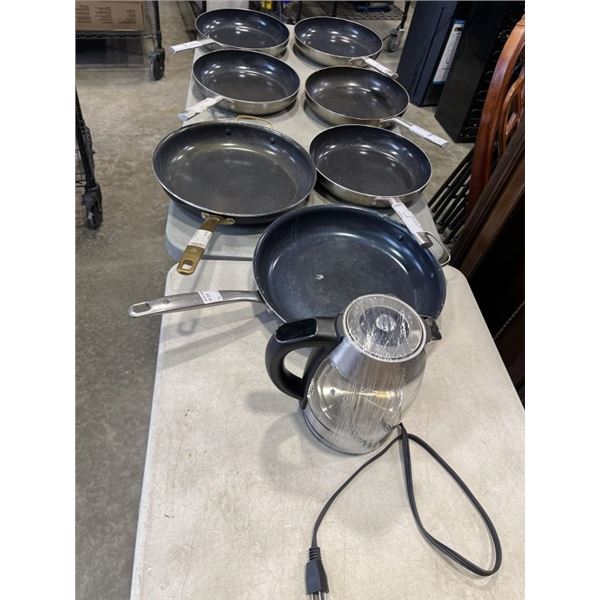 LOT OF FRYING BLUE DIAMOND PANS AND ELECTRIC KETTLE