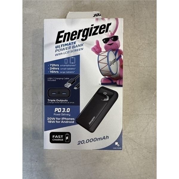 ENERGIZER ULTIMATE POWER BANK WITH LCD SCREEN AND TRIPLE OUTLETS, 20,000MAH