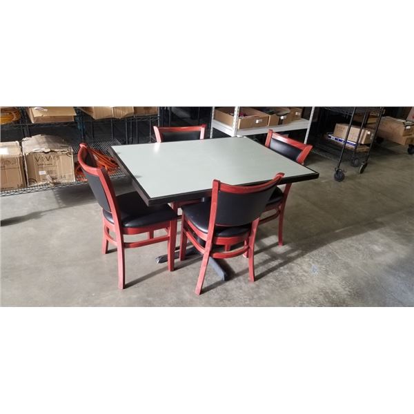 PUB DINING TABLE WITH CAST IRON BASE, AND 4 AS NEW LEATHER SEAT SOLID WOOD DINING CHAIRS, TABLE IS 4