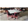 Image 1 : PUB DINING TABLE WITH CAST IRON BASE, AND 4 AS NEW LEATHER SEAT SOLID WOOD DINING CHAIRS, TABLE IS 4