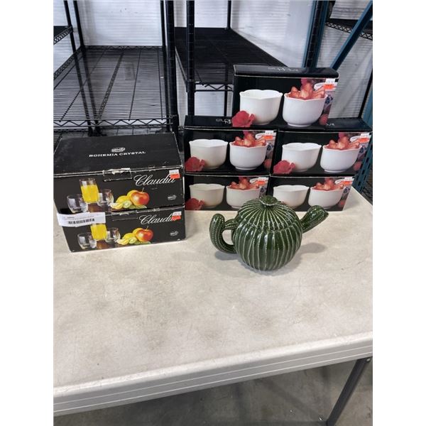 ASSORTED NEW BOHEMIAN CRYSTAL GLASSES, CACTUS TEAPOT AND STUDIO NOVA DISHES