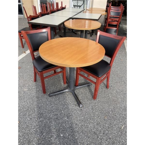 ROUND SOLID WOOD PUB DINING TABLE WITH CAST IRON BASE, 32 INCH DIAMETER, AND 2 AS NEW BLACK LEATHER 