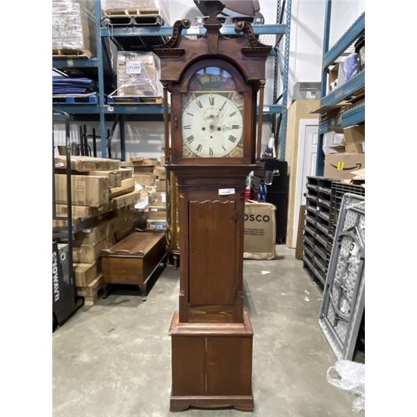 ANTIQUE GRANDFATHER CLOCK, ASSEMBLED FROM SEVERAL CLOCKS, MAIN FACEPLATE IS ORIGNAL HAND PAINTED
