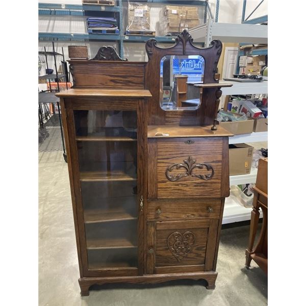 ANTIQUE OAK GLASS DOOR DROP DOWN CABINET, ORIGINAL GLASS AND HARDWARE