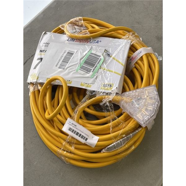 AS NEW INDOOR/OUTDOOR 3 WIRED GROUNED 75FT  12AWG 15 AMP 125V 3 POWER OUTLET  YELLOW
