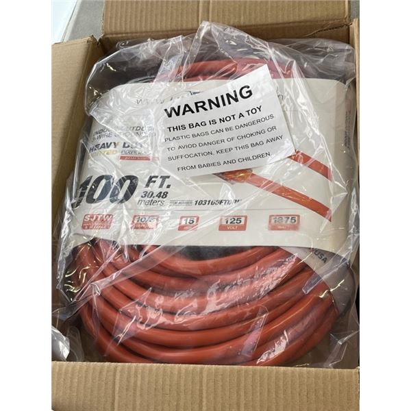 AS NEW INDOOR /OUTDOOR HEAVY DUTY 100FT 10AWG 125VOLTS 15 AMP ORANGE EXTENTION CORD