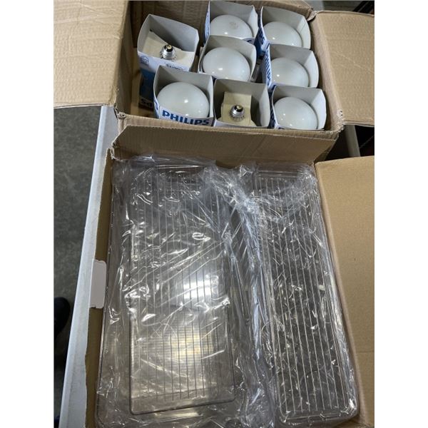 NEW SIX-PIECE REFRIGERATOR ORGANIZER SET AND BOX OF FLOOD LIGHT BULBS