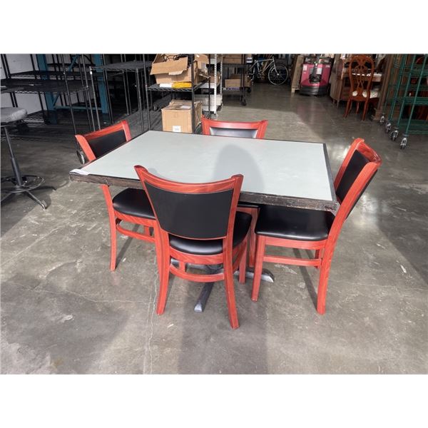 PUB DINING TABLE WITH CAST IRON BASE, AND 4 AS NEW LEATHER SEAT SOLID WOOD DINING CHAIRS, TABLE IS 4