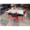 Image 1 : PUB DINING TABLE WITH CAST IRON BASE, AND 4 AS NEW LEATHER SEAT SOLID WOOD DINING CHAIRS, TABLE IS 4