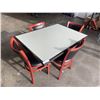 Image 2 : PUB DINING TABLE WITH CAST IRON BASE, AND 4 AS NEW LEATHER SEAT SOLID WOOD DINING CHAIRS, TABLE IS 4