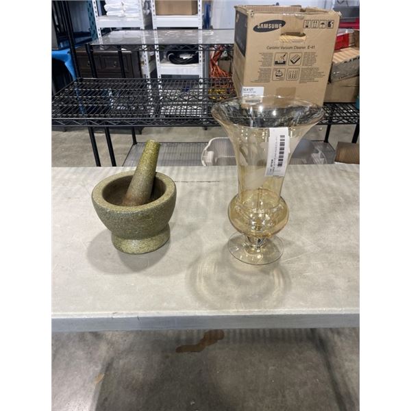 LARGE MORTAR AND PEDESTAL AND VINTAGE ROSE COLOR  ETCHED VASE