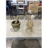 Image 1 : LARGE MORTAR AND PEDESTAL AND VINTAGE ROSE COLOR  ETCHED VASE