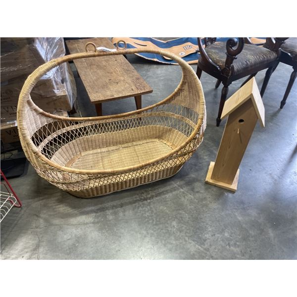 LARGE RATTAN BASKET40 INCH LONG, AND PINE BIRDHOUSE