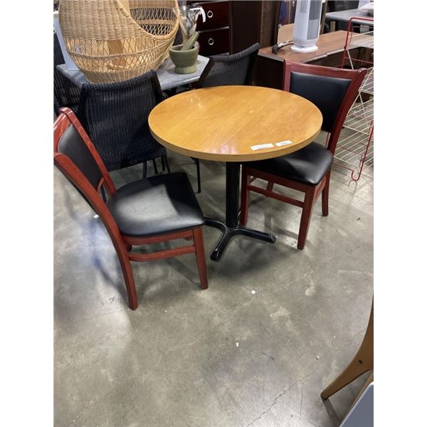 ROUND SOLID WOOD PUB DINING TABLE WITH CAST IRON BASE, 32 INCH DIAMETER, AND 2 AS NEW BLACK LEATHER 