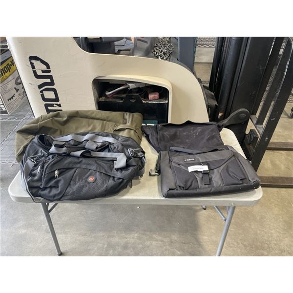 ASSORTED BACK PACKS AND DUFFELL BAGS, INCLUDING SWISS ARMY, COLUMBIA AND CANVAS SHOULDER BAG