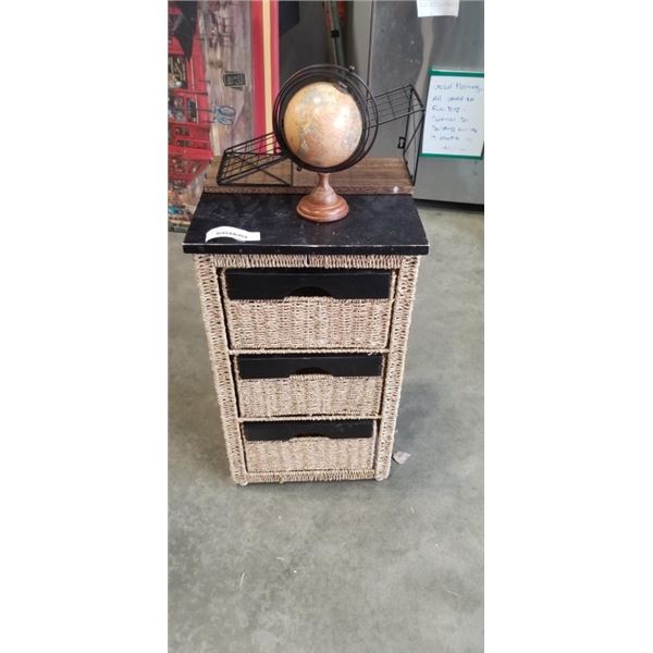 RATTAN 3 DRAWER STORAGE UNIT AND GLOBE, WALL SHELF