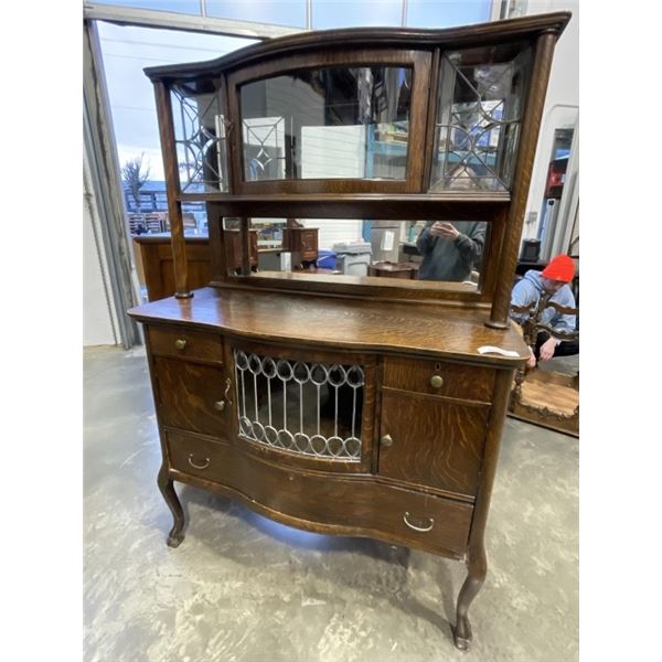 ANTIQUE OAK BOW FRONT SERVING CABINET WITH ORIGINAL LEADED AND BEVELLED GLASS, IN VERY GOOD ORIGINAL