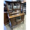 Image 2 : ANTIQUE OAK BOW FRONT SERVING CABINET WITH ORIGINAL LEADED AND BEVELLED GLASS, IN VERY GOOD ORIGINAL