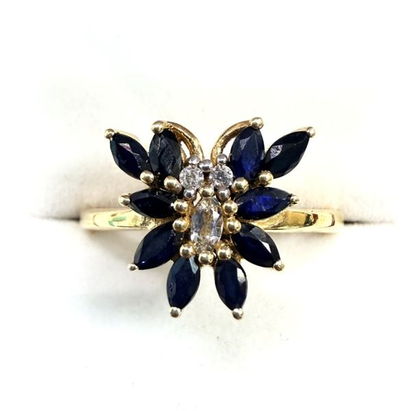 GOLD PLATED STERLING SILVER NATURAL SAPPHIRE (1.35CT) WITH NATURAL WHITE TOPAZ (0.17CT) RING, SIZE 9