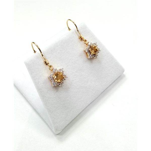 GOLD PLATED STERLING SILVER NATURAL CITRINE (0.40CT) AND CZ DANGLING EARRINGS, W/A $500.00. CITRINE 