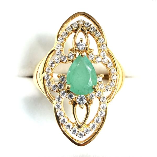 GOLD PLATED STERLING SILVER NATURAL EMERALD (0.87CT) RING, SIZE 7, W/A $780.00. EMERALD IS THE BIRTH