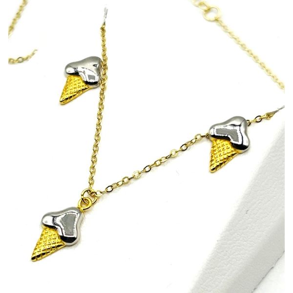 GOLD PLATED STERLING SILVER ICE CREAM CONE SHAPE EARRINGS AND NECKLACE, W/A $165.00.