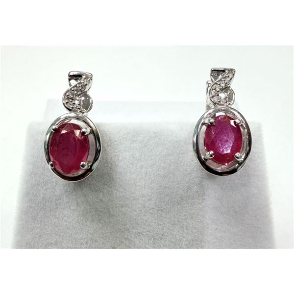 STERLING SILVER NATURAL ENHANCED RUBY (1.02CT) AND CZ EARRINGS, W/A $800.00. RUBY IS THE BIRTHSTONE 