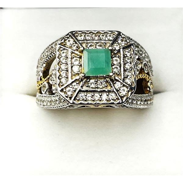 GOLD PLATED STERLING SILVER NATURAL EMERALD (0.50CT) WITH NATURAL WHITE TOPAZ (1CT) RING, SIZE 9, W/