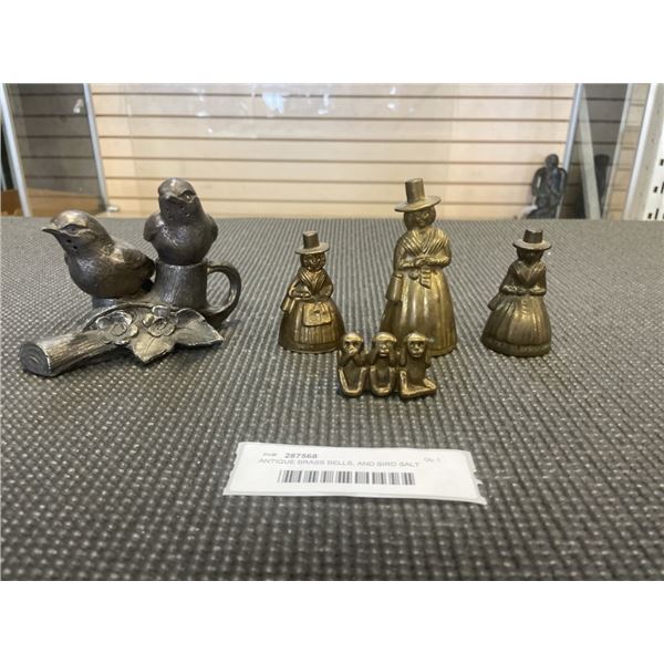 ANTIQUE BRASS BELLS, AND BIRD SALT AND PEPPER
