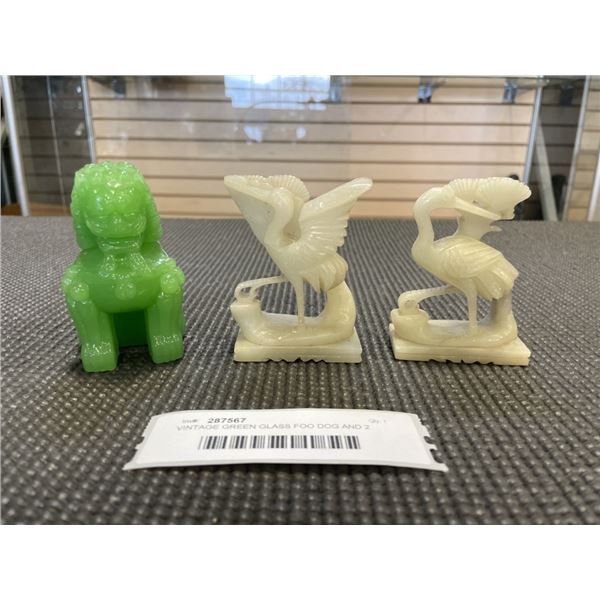 VINTAGE GREEN GLASS FOO DOG AND 2 EASTERN FIGURES