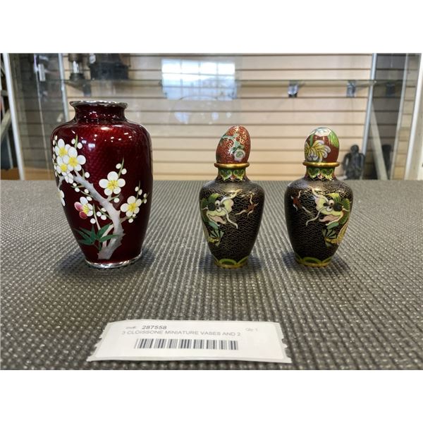 3 CLOISSONE MINIATURE VASES AND 2 EGGS