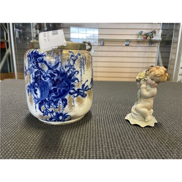 ANTIQUE HANDLED VASE AND PORCELAIN GIRL WITH BOQUET FIGURE