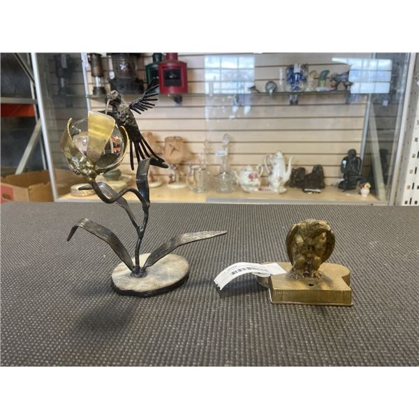 COLLECTIBLE ANTIQUE BRASS EAGLE, CRYSTAL BALL HUMMINGBIRD FIGURE